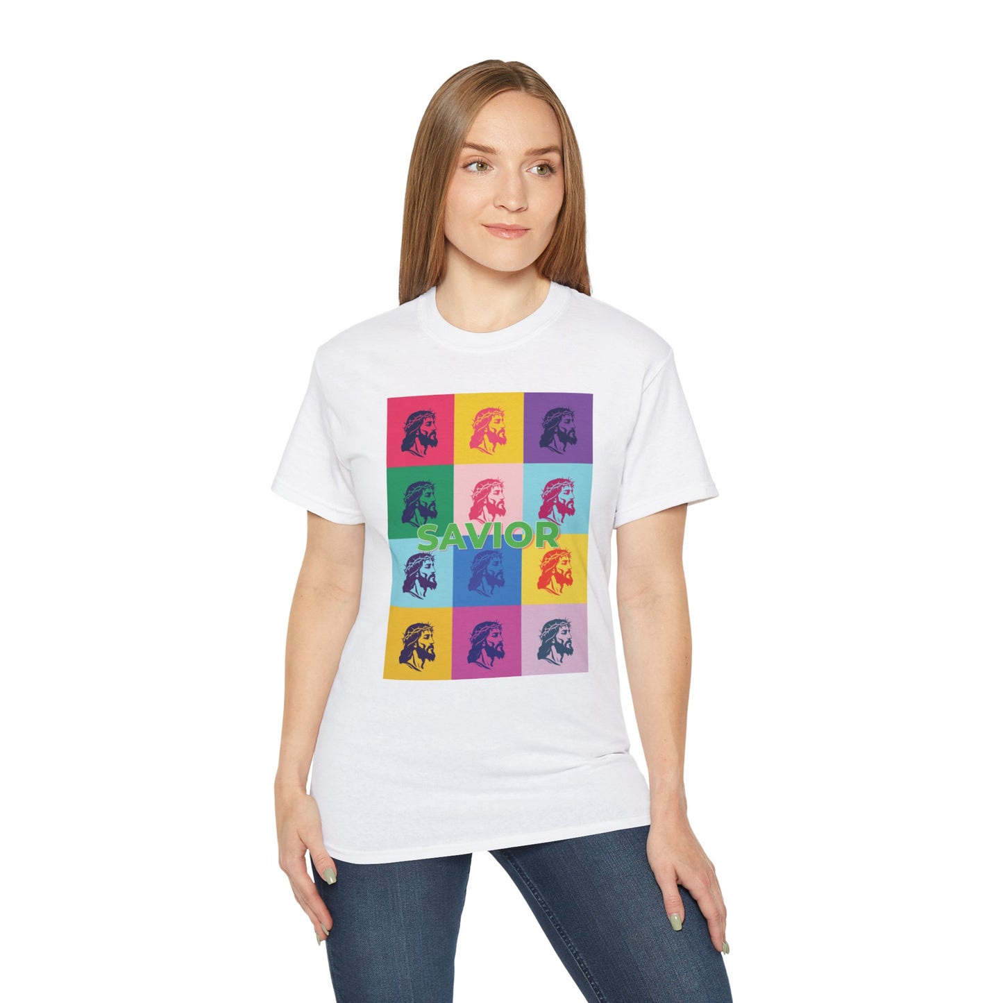 Savior Christian T-Shirt - Bold Pop Art Jesus Tee, Faith Graphic Tee, Crown of Thorns Religious Shirt, Men Women Unisex Tee, Religious Gift