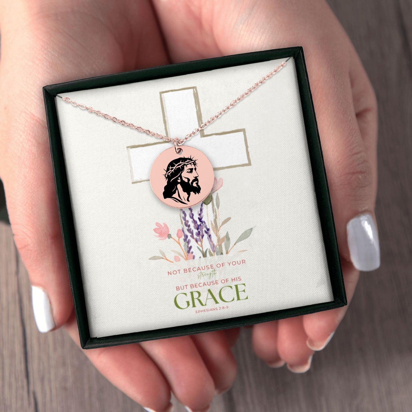 Jesus Necklace for Women – Crown of Thorns Pendant Grace Scripture Card– Christian Gift for Her, Ephesians 2:8-9 Jewelry Faith Encouragement